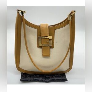 GUCCI GG Canvas Shoulder Bag Gold Tan and Cream